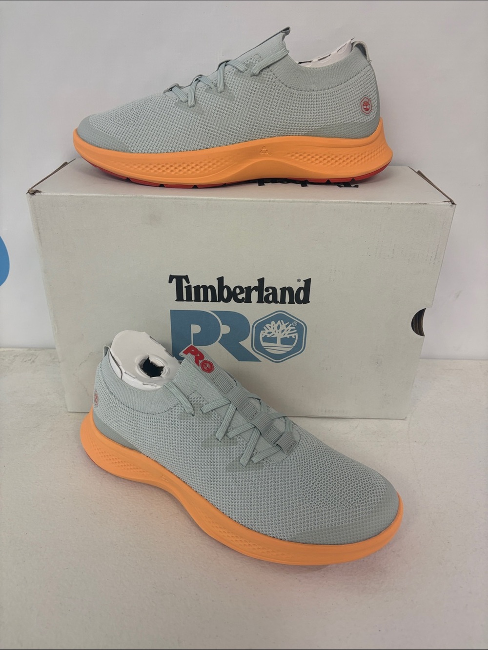 Timberland PRO Knit Slip-On Sneaker in Light Blue and Orange Sole